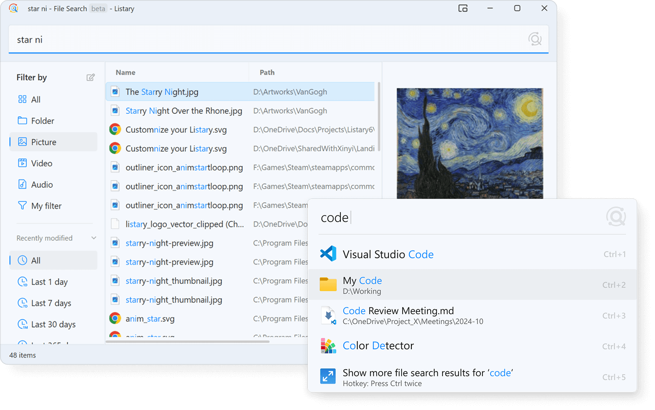 Listary file search results on Windows